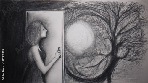 Woman in a dark dress opens a door to a surreal swirling tree and bright light opening