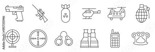 Military combat and tactical weapons icon set with firearms nuclear bomb helicopter grenade sniper target binoculars and handcuffs vector illustration.