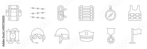 Military tactical equipment and war icon set featuring backpack barbed wire compass helmet dynamite and army medal vector illustration icons.