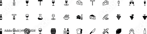 wine and winery icons set with bottle wineglass corkscrew cheese grapes bread barrel and vineyard symbols, alcohol beverage tasting vector illustration isolated on transparent background