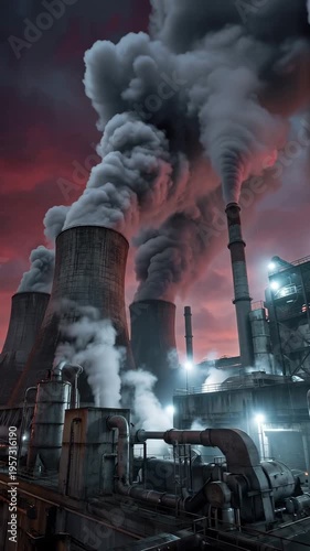 Vertical Video of Industrial Power Plant with Smoke at Dusk