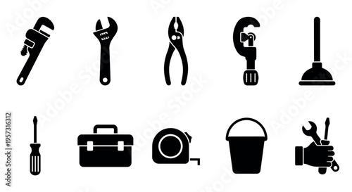 A collection of black silhouette icons depicting essential plumbing tools and equipment against a clean white background, ideal for design and illustration.