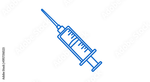 Blue Line Art Syringe Icon Isolated on White Background, Medical Concept
