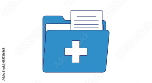 Blue medical folder with white cross symbol and document, healthcare records icon