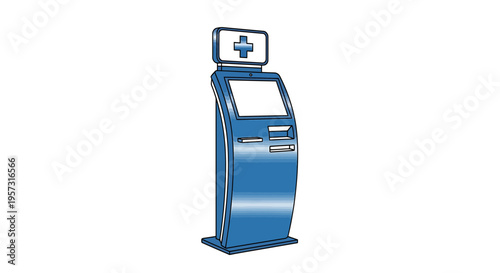 Blue Medical Kiosk with Cross Symbol for Healthcare Information and Services