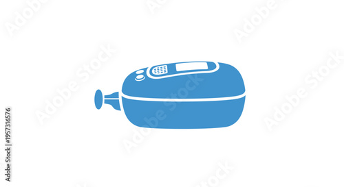 Blue medical device icon with digital screen and buttons on white background