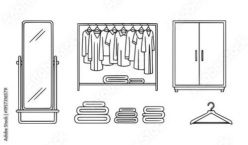 Wardrobe and Clothing Storage Icon Set with Mirror, Hanging Rack, Folded Clothes, and Cabinet in Minimal Line Art Style for Interior and Fashion Design