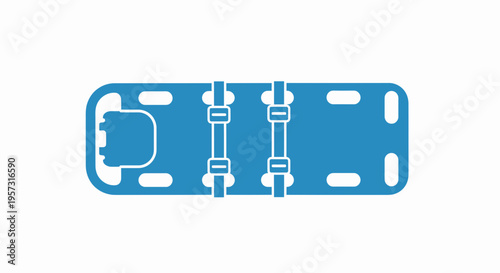 Blue medical stretcher with straps, top view, isolated on white background