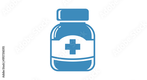Blue medicine bottle icon with cross symbol, healthcare and pharmacy concept