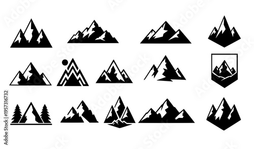 Mountain Icon Set Vector with Various Peak Shapes, Nature Landscape Symbols, Adventure and Hiking Logos for Outdoor Design, Travel Graphics, and Branding Collection