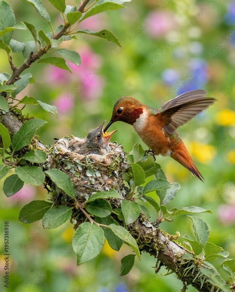 Obraz premium Hummingbird feeding chicks in nest on tree branch with floral background