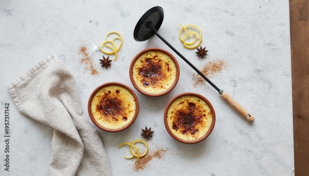 Fototapeta premium Gourmet custard desserts with lemon and spices on marble