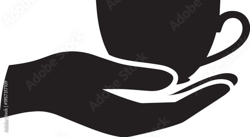 A minimalist black silhouette icon representing a human hand gently holding a warm cup of coffee