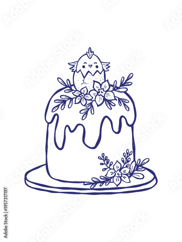 Easter cake doodle illustration. Vector hand drawn holiday pastry decorated with flowers and cute chick. Spring celebration food, festive cake