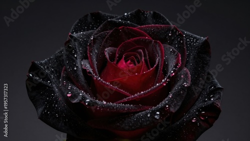 Black and deep red rose with water droplets in dramatic macro lighting, creating a rich romantic floral image with velvety texture.

