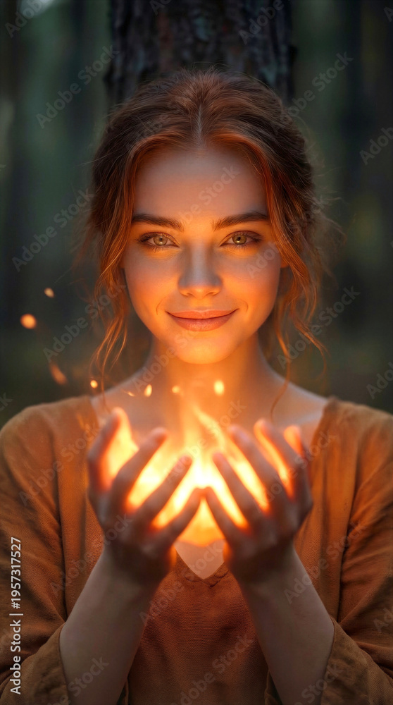 Fototapeta premium Redheaded woman holding magical fire in her hands. Young female with glowing embers and flames in dark forest setting.