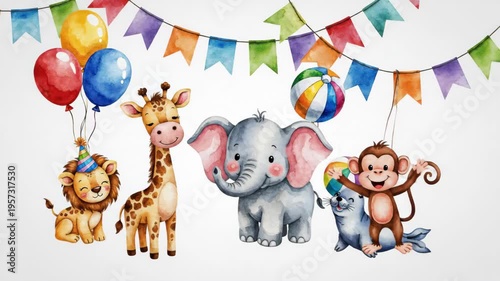 A watercolor circus clipart collection presents cute hand-drawn nursery animals including a baby giraffe, lion, elephant, seal, and monkey adorned with balloons and garlands.
