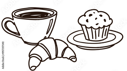 Minimalist black and white line art capturing the essence of a comforting breakfast moment, featuring coffee, a croissant, and a muffin