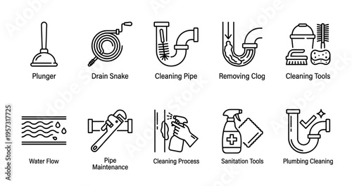 A set of simple line art icons depicting various plumbing and cleaning tools for drain unclogging and pipe maintenance, suitable for service websites.