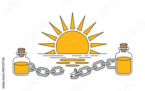 A vector graphic illustration of a sun icon with two chained bottles of oil on either side, symbolizing energy and freedom.
