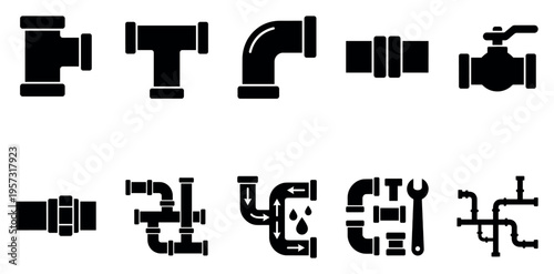 Collection of black plumbing pipe icons including elbows, tees, valves, and connections, suitable for industrial or service concept use.