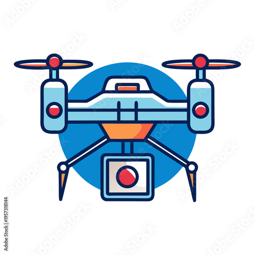 A colorful illustration of a modern drone with a camera viewed from directly below