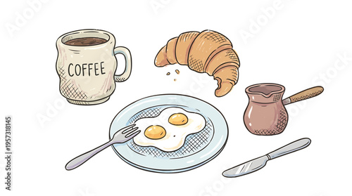 Delicious and hearty morning breakfast spread with freshly brewed coffee, golden fried eggs, and a flaky croissant, hand-drawn illustration