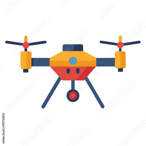 A colorful illustration of a modern drone with a camera viewed from directly below