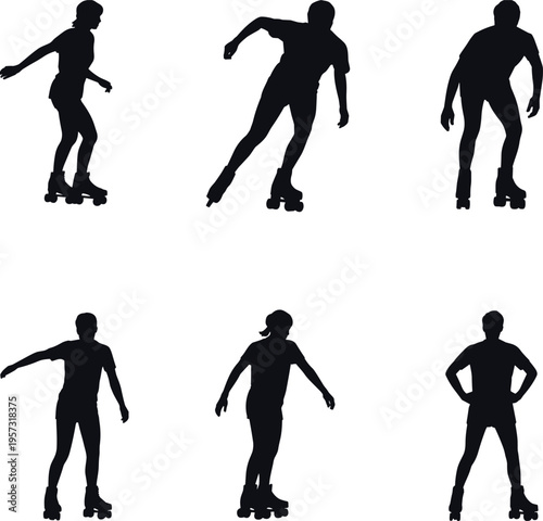 Set of roller skater silhouettes isolated on light background, inline skating people collection in dynamic poses, recreational skating sport vector style, active lifestyle motion concept