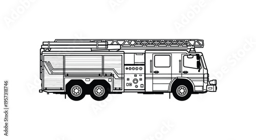 A detailed black and white line drawing depicts a large fire truck with a ladder showcasing a striking silhouette high quality
