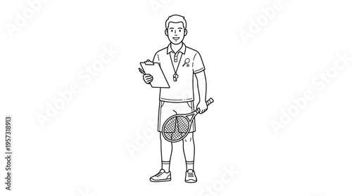 Tennis Coach Holding Clipboard and Racquet