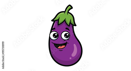 A cheerful cartoon eggplant with a smiling face and large eyes presented as a vibrant colorful silhouette high quality professional detailed