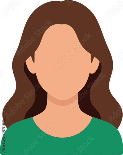 Female avatar with long brown hair and green shirt, faceless flat vector illustration