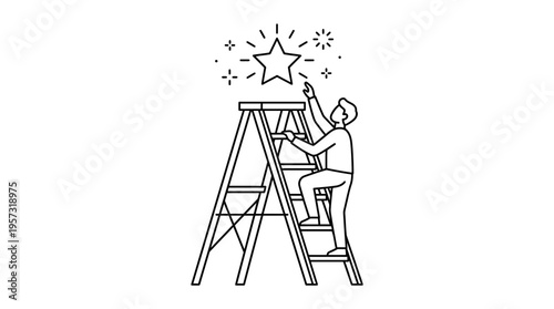 Reaching for Success Person Climbing Ladder to Grab Star