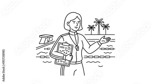 Swimming Coach Directing Practice with Pool View