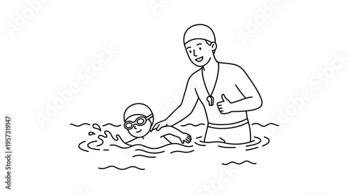 Swimming Coach Guiding Child In Water