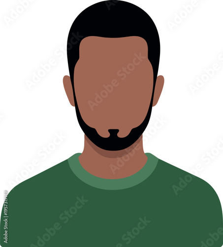 Vector illustration of man with beard and short hair in green shirt, faceless avatar icon