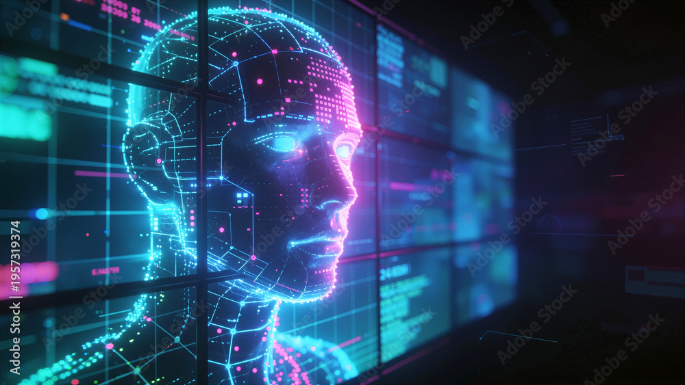 Fototapeta premium Digital human head made of glowing wireframe mesh on data screen background. Artificial intelligence and machine learning concept.