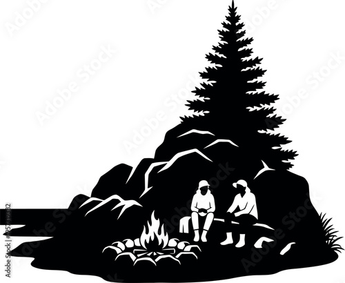 Silhouette illustration of campers wearing beanies sitting by campfire in forest wilderness