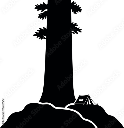 Silhouette of giant sequoia tree with camping tent in forest wilderness vector illustration
