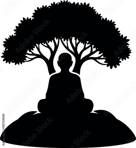 Silhouette of Buddha Meditating Under Bodhi Tree Vector Illustration