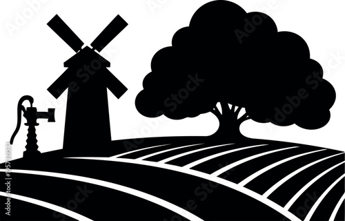 Silhouette of rural landscape with windmill, tree, and farmland vector illustration