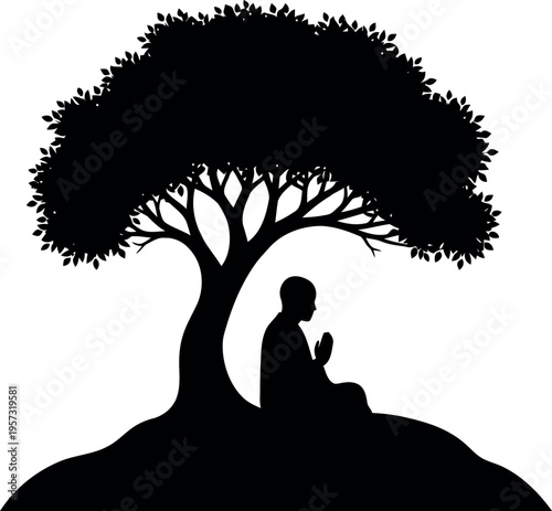 Silhouette of Buddhist Monk Meditating Under Bodhi Tree Vector Illustration