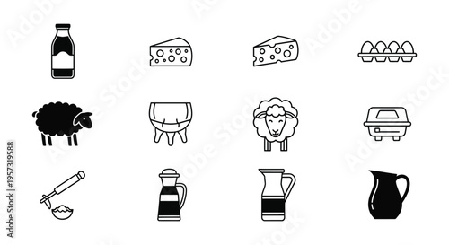 A collection of black and white line art icons depicting dairy products farm animals and related objects silhouette high quality professional