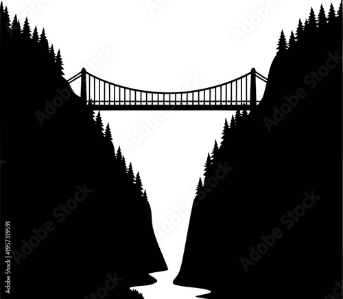 Suspension bridge silhouette spanning forested canyon with river, black and white vector illustration