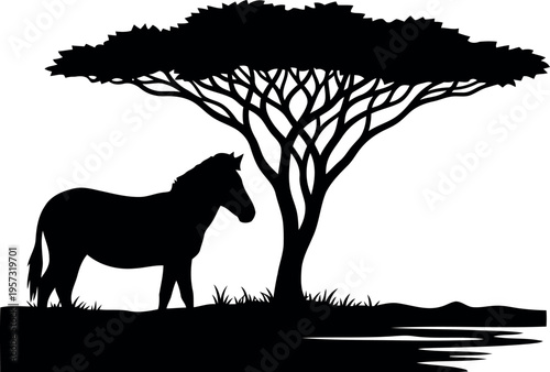 African savanna silhouette with zebra under acacia tree vector illustration
