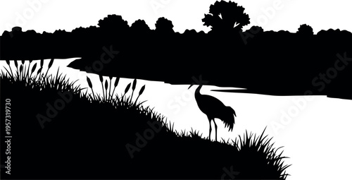 Heron Silhouette by Riverside at Sunset with Grass and Trees Vector Illustration