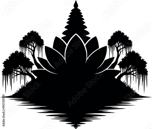 Bali temple silhouette with lotus flower and tropical trees reflection vector illustration