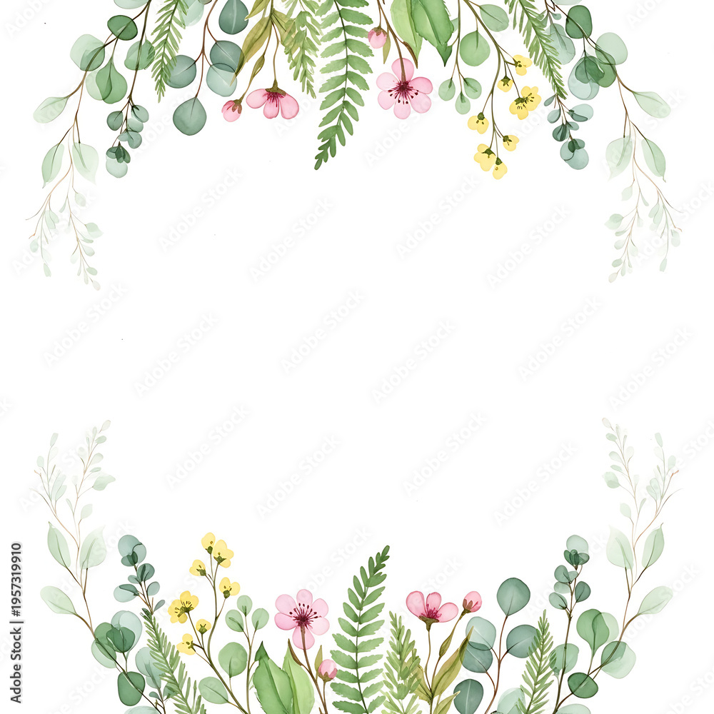 Fototapeta premium Watercolor floral wreath design with leaves and flowers