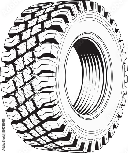 Black and white vector illustration of a heavy duty off road truck tire with deep tread patterns